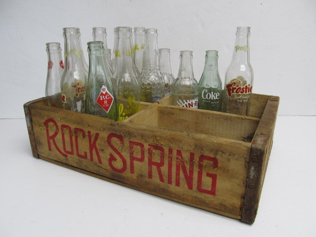 lot 126 image: Vintage Wooden Soda Crate wOld Soda Bottles