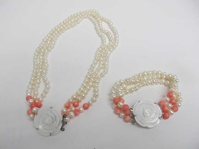 lot 168 image: Coral & Pearl Necklace & Bracelet Set w Floral Pendant - Triple Strand 18 in.