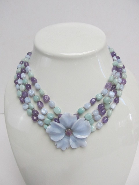 lot 169 image: Quadruple Strand Amethyst, Purple Jade & Sterling Silver Necklace wFloral Pendant
