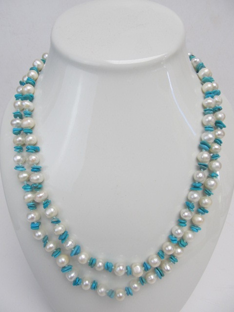 lot 172 image: Beautiful Pearl & Turquoise Necklace wSterling Silver Clasp - 4 ft. long