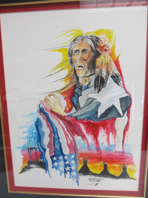 lot 183 image: Framed Signed Original Watercolor Painting Curley - Indian Chief wAmerican Flag