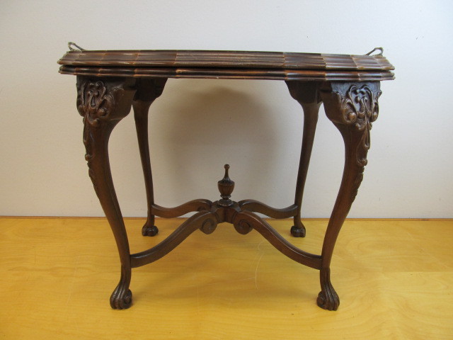 lot 187 image: Ornate Antique Carved Inlaid Oval Side Table wLift-Top Glass Serving Tray
