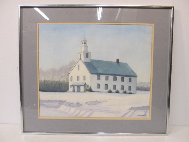 lot 229 image: E. Nelson Classic Country Building in the Winter Watercolor Signed