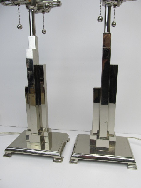 lot 7 image: NICE Matching Pair of Deco Chrome Skyscraper FREDERICK COOPER Table Lamps