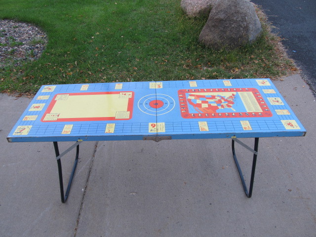 lot 254 image: Vintage 1950s Metal Folding Play Table wEducational Diagrams & Games
