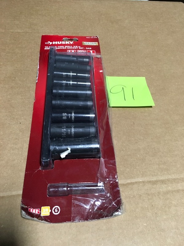 lot 91 image: Husky 38 in. Drive Thin Wall Deep Impact Socket Set SAE - missing 1 PC - 9 pc only