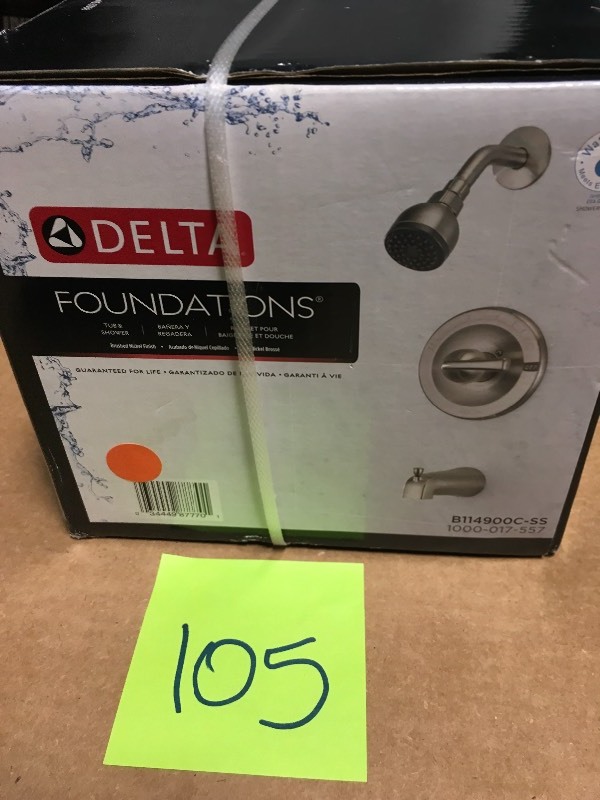 lot 105 image: Delta Foundations Single-Handle 1-Spray Tub and Shower Faucet in Brushed Nickel (Valve Included) in good condition