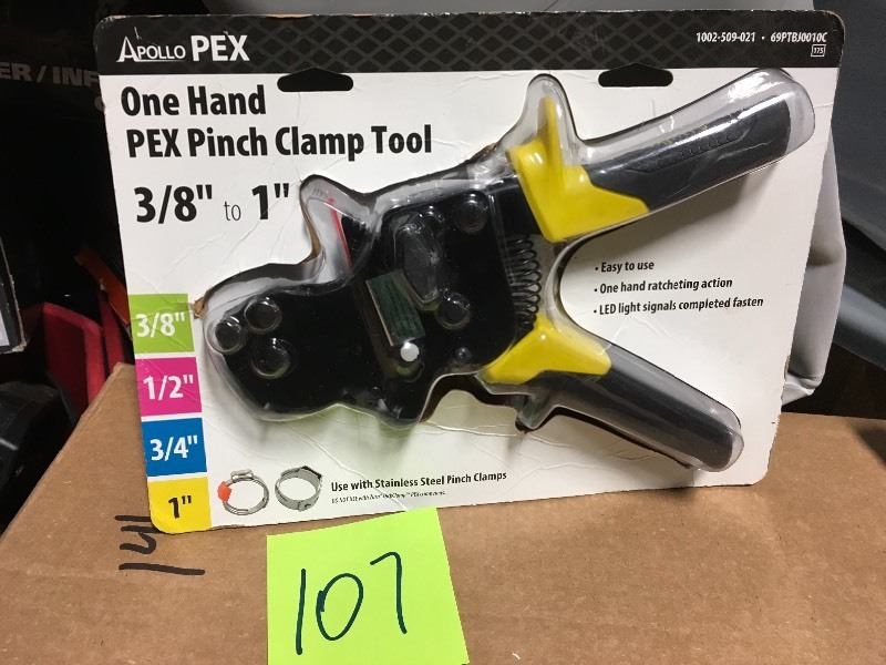 lot 107 image: Apollo 38 in. to 1 in. 1-Hand PEX Pinch Clamp Tool in good condition