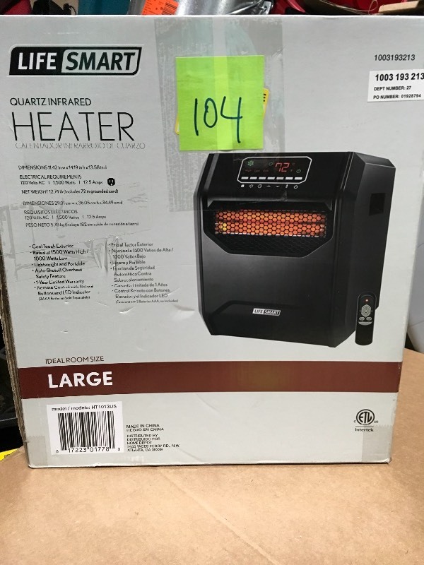 lot 104 image: Lifesmart 1,500-Watt Electric 6-Element Large Room Infrared Bulb Space Heater in good condition