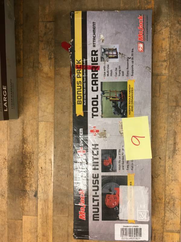 lot 9 image: MoJack 68223-TC Hitch Plus 3 in. Multi-Use Hitch Attachment and 26 in. Tool Carrier not used