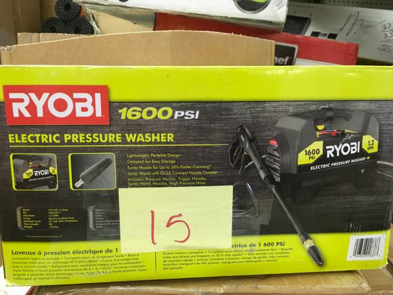 lot 15 image: RYOBI 1,600 PSI 1.2 GPM Electric Pressure Washer in good condition