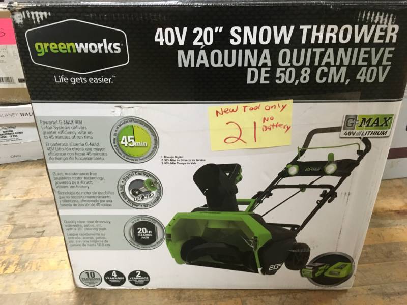 lot 21 image: GreenWorks 26272 G-MAX 20-Inch 40V Cordless Snow Thrower TOOL ONLY NO BATTERY included in good condition