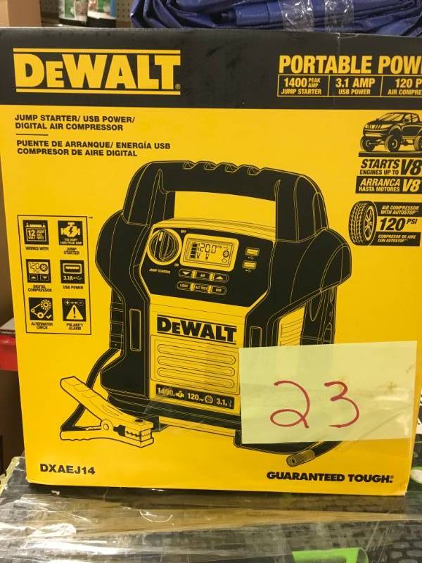 lot 23 image: DEWALT 1400 Peak Amp Jump Starter with Digital Compressor in good condition