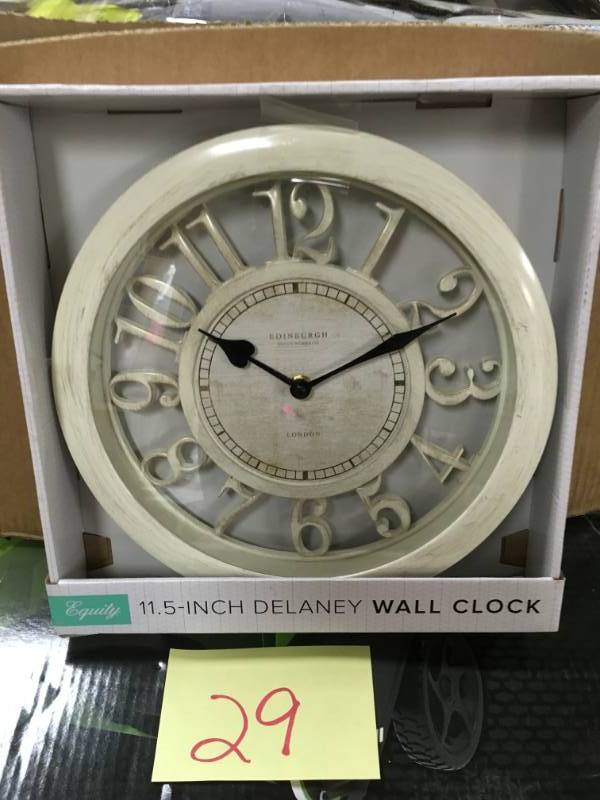 lot 29 image: 11.5 in. Delaney Quartz Antique White Wall Clock by Equity by La Crosse in good condition
