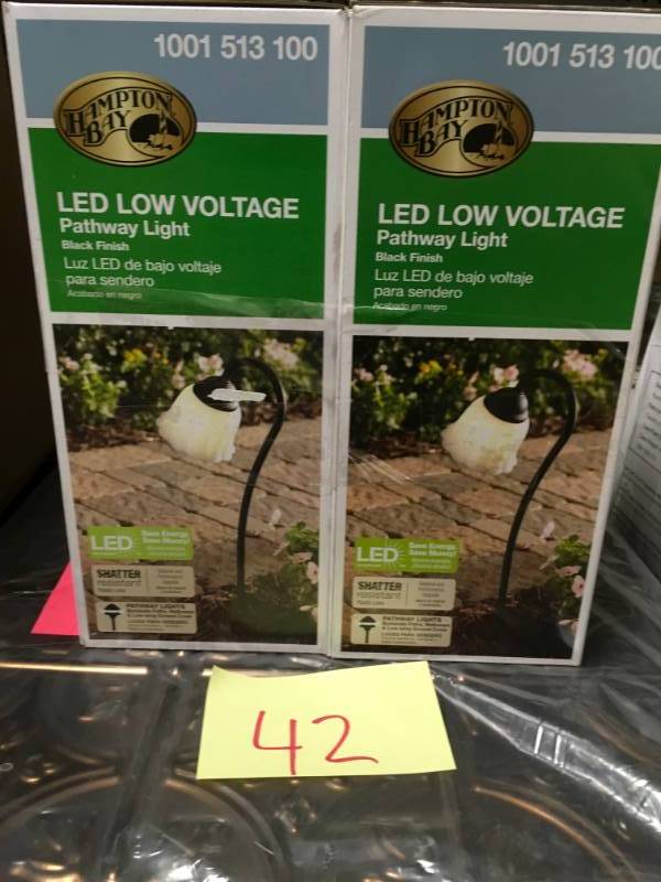 lot 42 image: Hampton Bay Low-Voltage Black Outdoor Integrated LED Black Landscape Path Light with White Tulip Shade not used