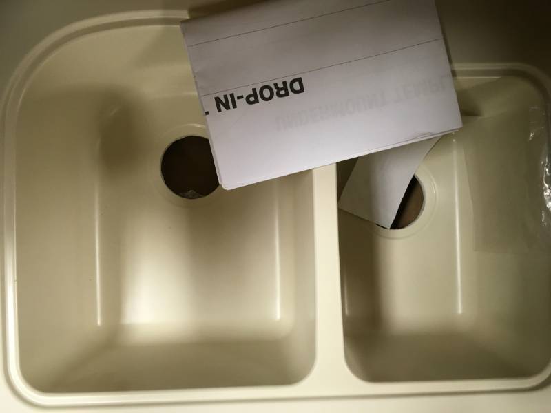 lot 49 image: Swan Drop-InUndermount Solid Surface 25 in. 1-Hole 6040 Double Bowl Kitchen Sink in Bisque in good condition