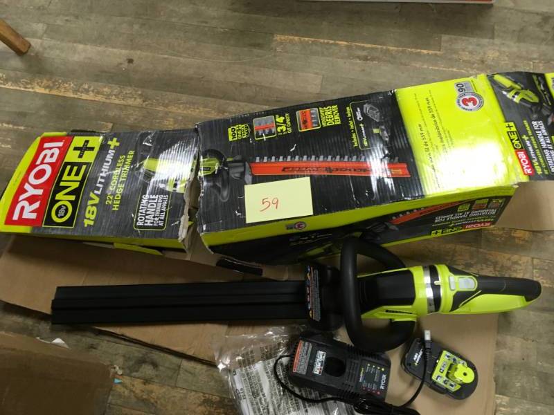 lot 59 image: RYOBI ONE Lithium 22 in. 18-Volt Lithium-Ion Cordless Hedge Trimmer - 1.5 Ah Battery and Charger Included in good condition