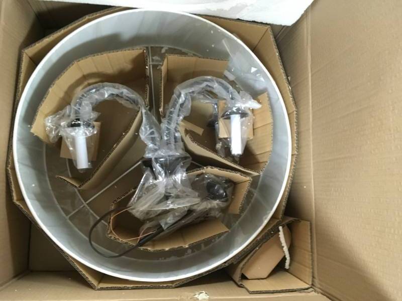 lot 62 image: Progress Lighting 21.625 in. 5-Light Antique Bronze Kitchen Chandelier with White Linen Shade not used