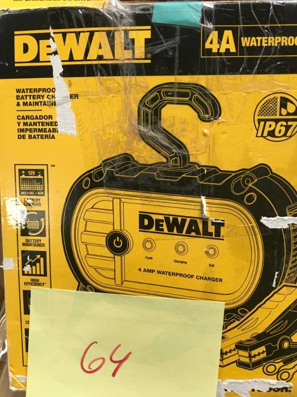 lot 64 image: DEWALT 4 Amp Professional Waterproof Battery Charger in good condition