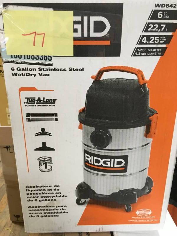 lot 77 image: RIDGID 6 Gal. 4.25-Peak HP Stainless Steel Wet Dry Vac in good condition