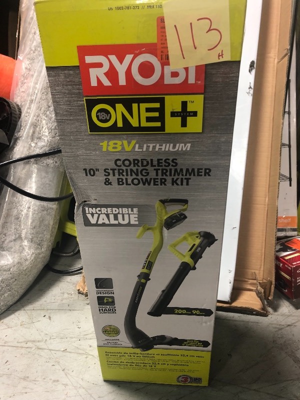 lot 113 image: Ryobi 18V Lithium Cordless 10 Sting Trimmer and Blower not used