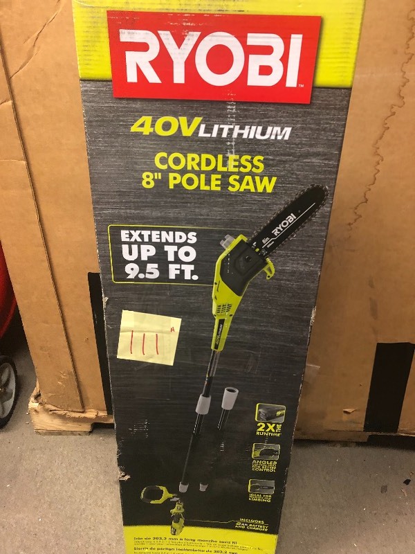 lot 111 image: RYOBI 20 in. 40-Volt Cordless 8 Pole Saw in very good condition