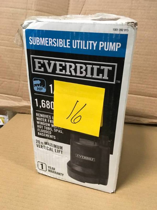 lot 16 image: Everbilt 16 HP Plastic Submersible Utility Pump  in good condition