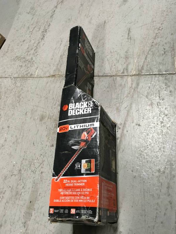 lot 23 image: BLACKDECKER 22 in. 20-Volt MAX Lithium-Ion Cordless Hedge Trimmer  in good condition