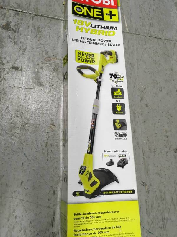 lot 27 image: RYOBI ONE 18V Electric Lithium Hybrid Cordless and Corded String Trimmer  in good condition