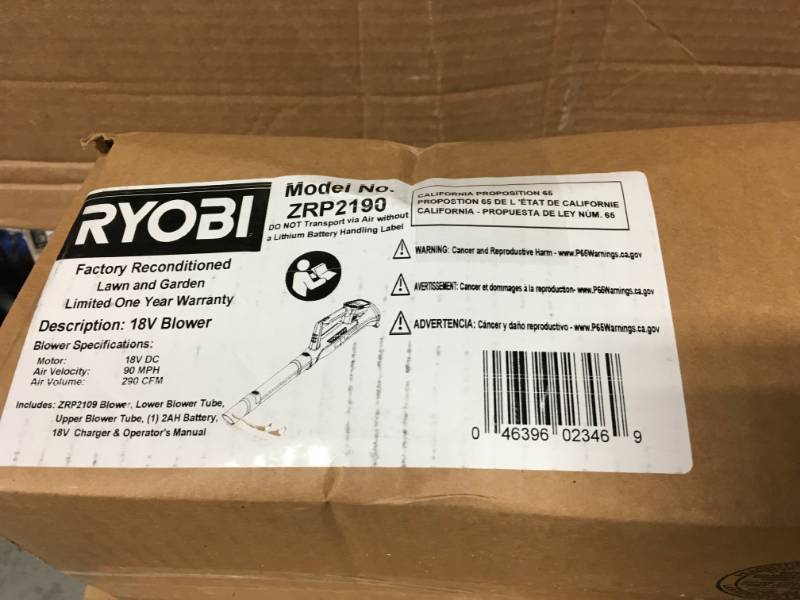 lot 31 image: RYOBI Reconditioned ONE 90 MPH 200 CFM 18-Volt Lithium-Ion Cordless Leaf Blower - 2.0 Ah Battery and Charger Included
