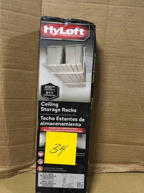 lot 34 image: HyLoft 33 in. W x 34 in. D Adjustable Garage Ceiling Mount Storage Racks  in good condition