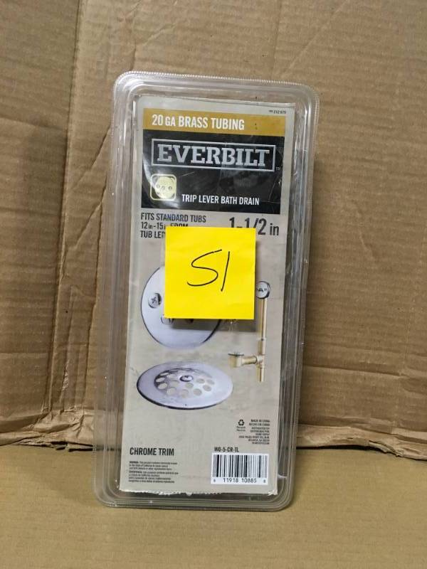 lot 51 image: Everbilt Trip Lever 1-12 in. 20-Gauge Brass Pipe Bath Waste and Overflow Drain  in good condition