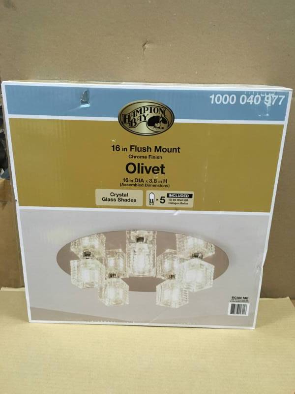 lot 75 image: Hampton Bay Olivet 16 in. 5-Light Chrome Flush Mount with Cube Glass Shades  in good condition