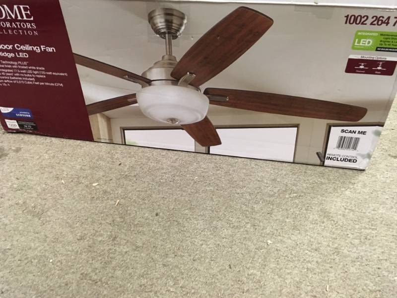 lot 89 image: Home Decorators Collection Sudler Ridge 60 in. LED Indoor Brushed Nickel Ceiling Fan with Light Kit and Remote Control  in good condition