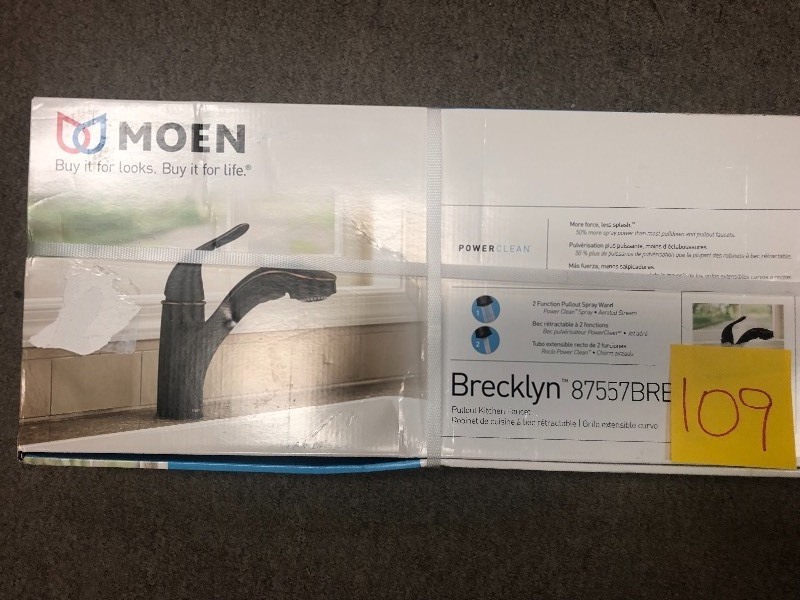 lot 109 image: Moen Brecklyn Single-Handle Pull-Out Sprayer Kitchen Faucet with Power Clean in Mediterranean Bronze not used
