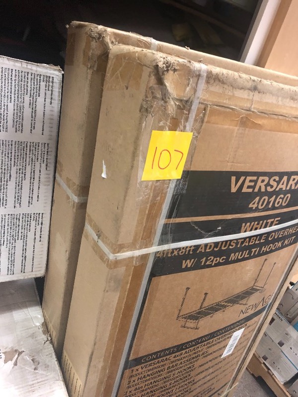 lot 107 image: Set of 2 New VersaRac 42 in. H x 48 in. W x 96 in. D Adjustable Height Garage Ceiling Mounted Storage Unit in White w12-Piece Hooks