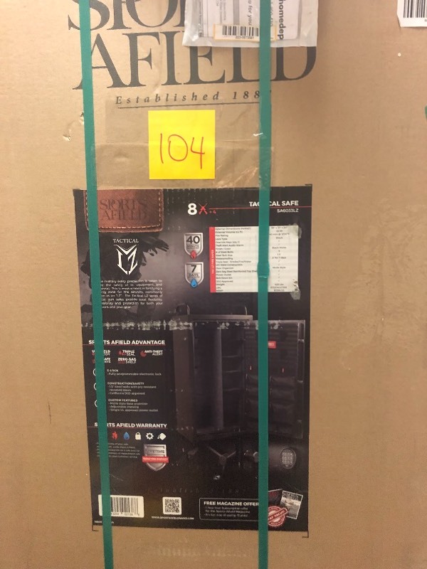 lot 104 image: Sports Afield Tactical LZ Series 6 Gun Safe 59x33x20 Triple Seal Protection Electronic Lock Black not used