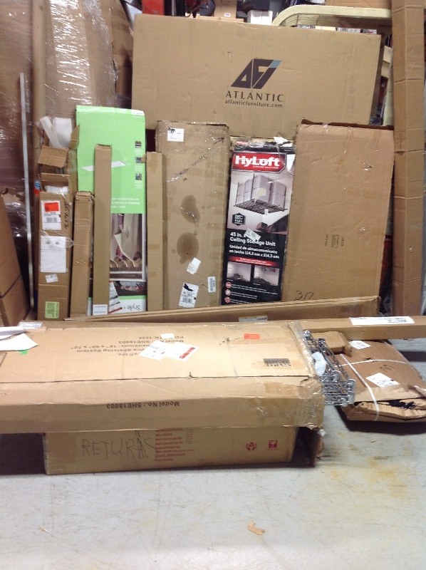 lot 116 image: WHOLESALE MIXED PALLET OF RETURNS shelf furniture and more all mix conditions not  inspected