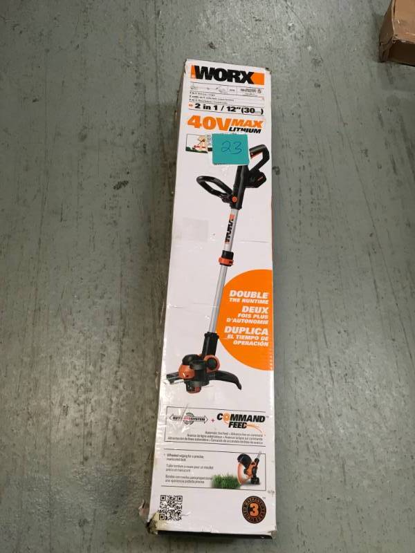 lot 23 image: WORX WG180 40V 2-In-1 String TrimmerEdger With 12 Trim Diameter, CommandFeed,  USED