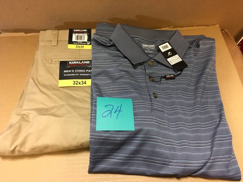 lot 24 image: Kirkland Signature Mens Standard Fit Straight Leg Chino Dress Pants 7788778 32X34  Kirkland Mens Signature Kirkland Performance Moisture Wicking Polo XL