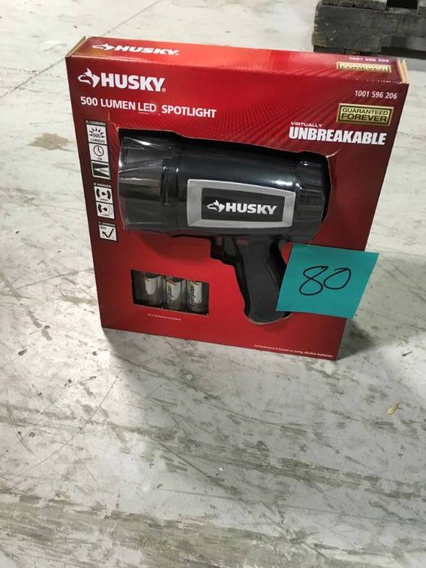 lot 80 image: HUSKY 500 Lumen LED SPOTLIGHT 1001 596 206 Virtually Unbreakable WITH BATTERIES