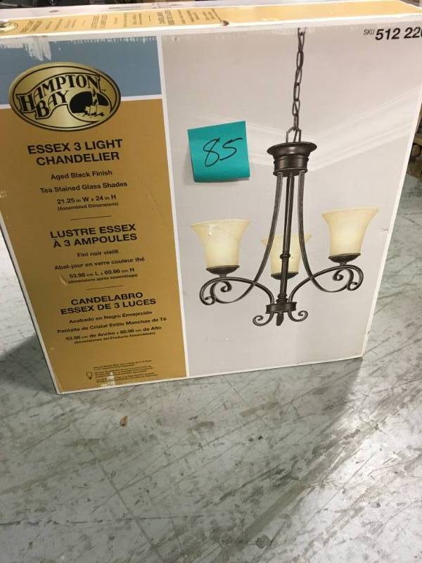 lot 85 image: Hampton Bay Essex 3-Light Aged Black Chandelier Aged