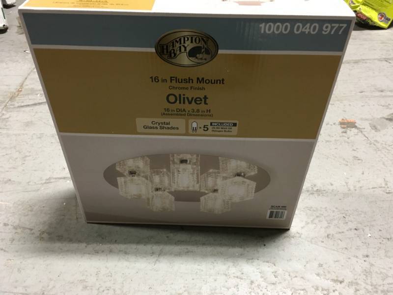 lot 2 image: Hampton Bay Olivet 16 in. 5-Light Chrome Flush Mount with Cube Glass Shades not used