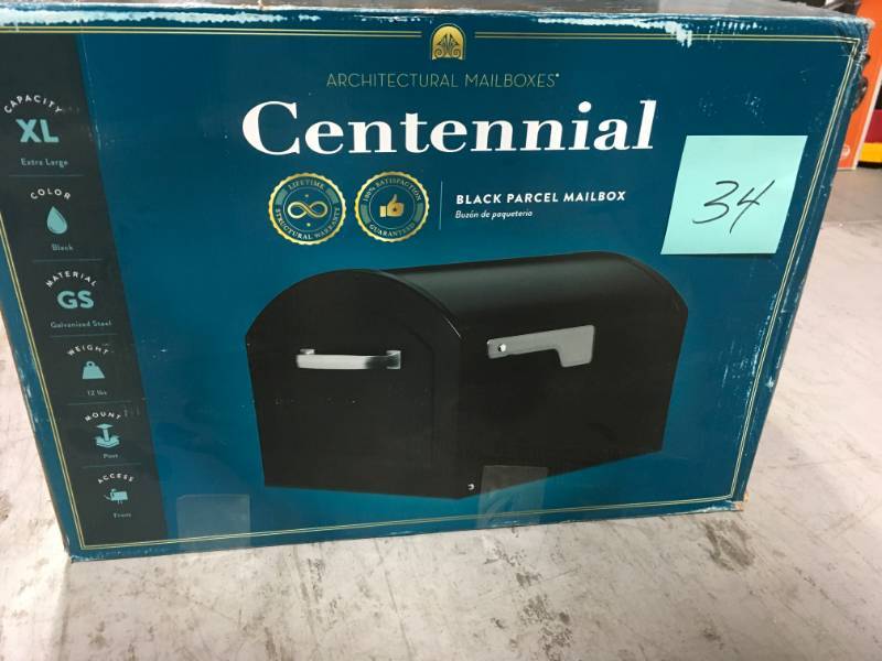 lot 34 image: Centennial Extra Large Capacity Post Mount Parcel Mailbox in Black with Premium Silver Handle and Flag in good condition