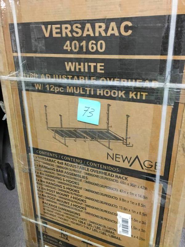 lot 73 image: NewAge Products VersaRac 42 in. H x 48 in. W x 96 in. D Adjustable Height Garage Ceiling Mounted Storage Unit in White w12-Piece Hooks not used