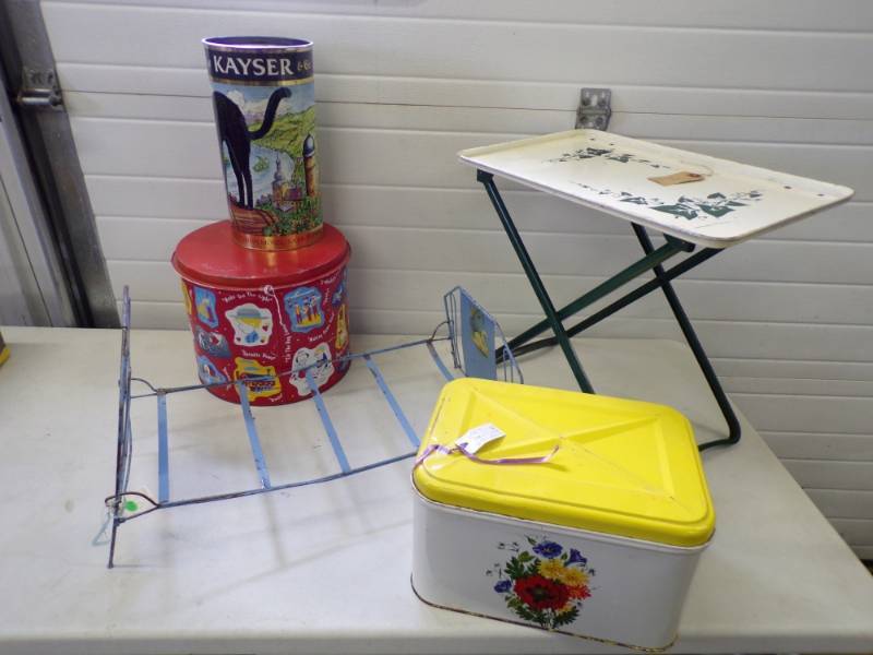 lot 69 image: Vintage Bread Box, Vintage Doll Bed, Small metal folding Table, Vintage Tins