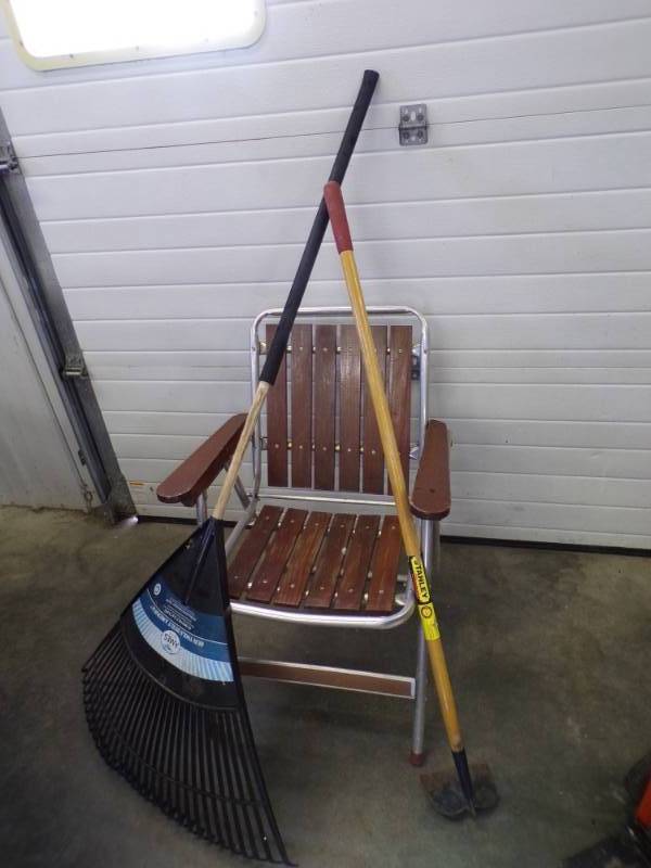 lot 106 image: Folding Chair, Large Lawn Rake and Hoe