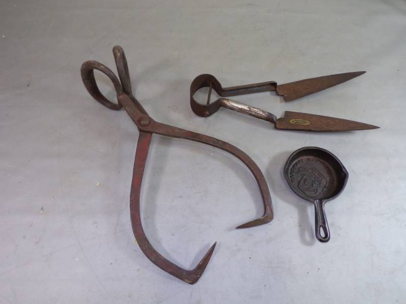lot 92 image: Hardware Hank Skillet, Hercules Shears, Gifford Ice Tongs