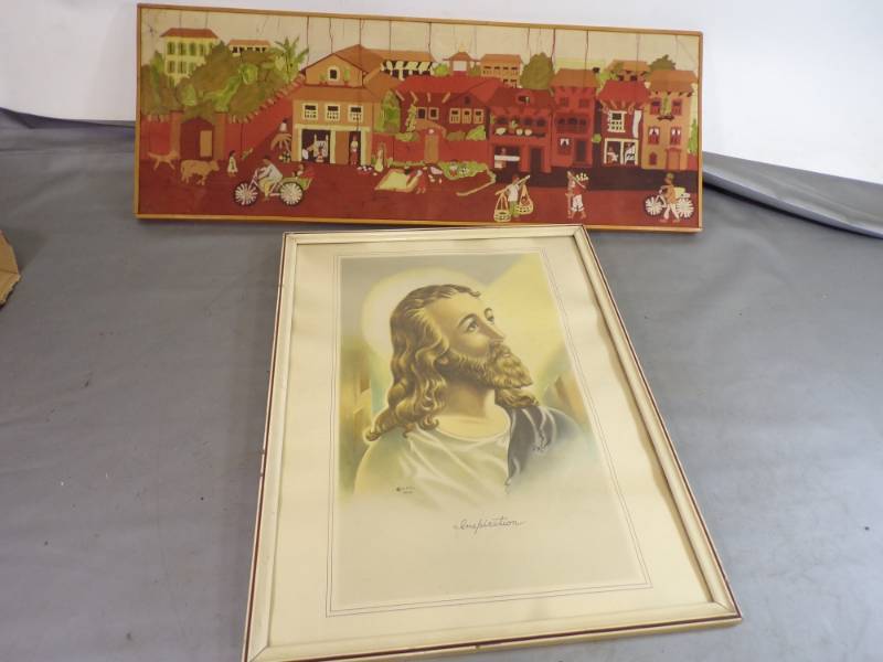 lot 95 image: Batik Village Scene Picture, 1942 Framed Jesus Christ Picture