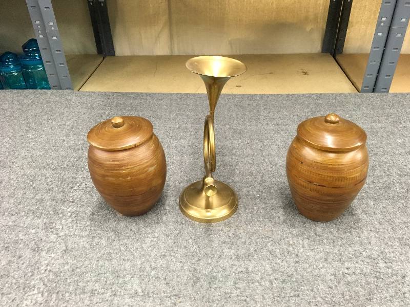 lot 88 image: Two Wooden Jars & Candle Stick Holder